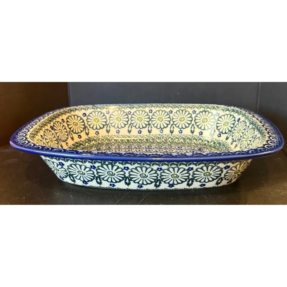 Polish Pottery Kalich Unikat Rectangular Baker Blue Green Floral Stoneware 11